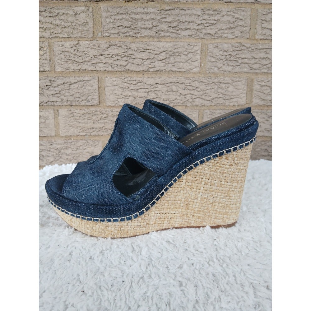 Stuart Weitzman Ponte Navy Antique Denim Wedge Espadrille Sandals Sz  8.5